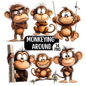 May include: A collection of cartoon monkeys in various poses. The monkeys are brown with expressive faces, some smiling, others with playful expressions. The image includes the text "MONKEYING AROUND 14 PNG".