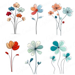 May include: Six different floral designs with various colors and shapes. The flowers are drawn in a simple, stylized manner with thin lines and soft colors. The flowers are isolated on a white background.