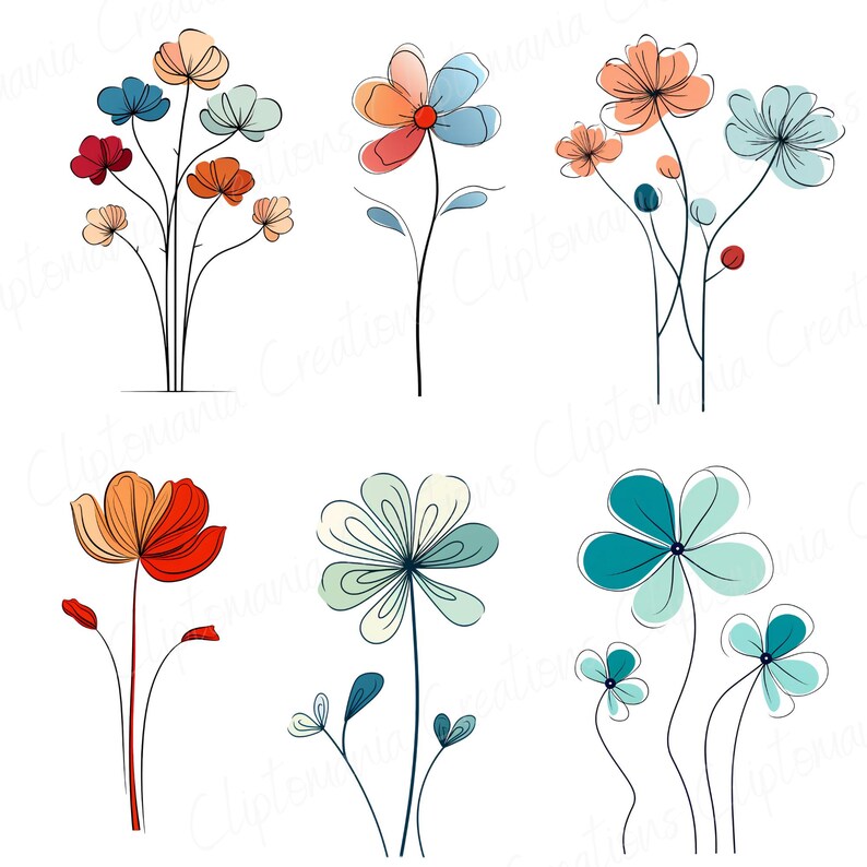 May include: Six different floral designs with various colors and shapes. The flowers are drawn in a simple, stylized manner with thin lines and soft colors. The flowers are isolated on a white background.