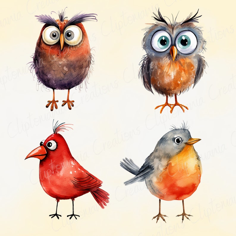 May include: Watercolor illustrations of four cartoon birds. Two owls with large eyes and feathered bodies in shades of brown and gray. A bright red cardinal with a crest and a small gray and orange robin complete the set.