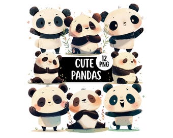 Cute Panda PNG Clipart Bundle, Cartoon Panda Graphics, Adorable Kawaii Panda, Digital Paper Craf, Cute Animal Clipart For Children