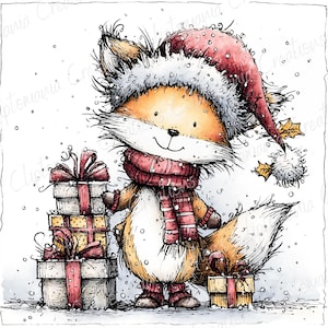May include: A whimsical illustration of a fox wearing a Santa hat and a red scarf, holding wrapped gifts. The fox is orange and white with a smiling face. Snowflakes are falling around the fox and gifts, creating a festive holiday scene.