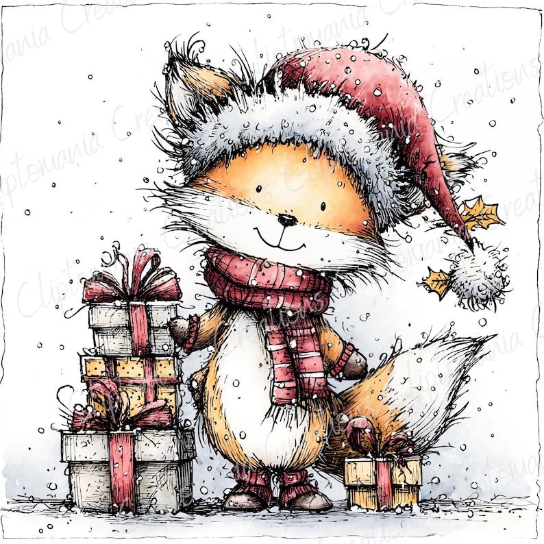 May include: A whimsical illustration of a fox wearing a Santa hat and a red scarf, holding wrapped gifts. The fox is orange and white with a smiling face. Snowflakes are falling around the fox and gifts, creating a festive holiday scene.
