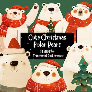 Pacote de clipart PNG de urso polar de Natal fofo e engraçado | Fundos transparentes | Gráficos festivos engraçados | Uso comercial | Criação de cartões