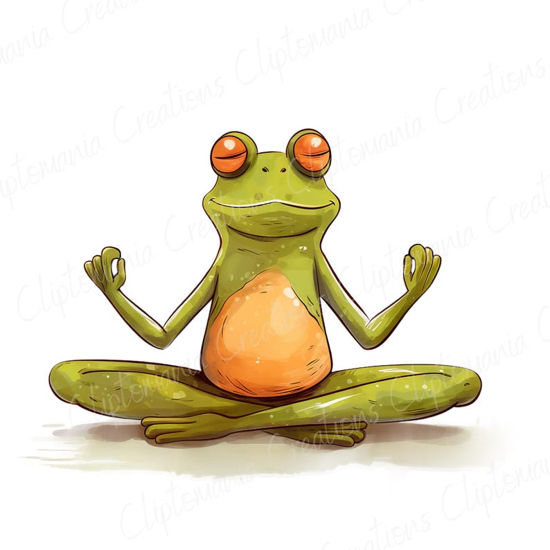 May include: A green frog with orange eyes sits in a yoga pose with its hands in a mudra position. The frog is sitting on a white background.