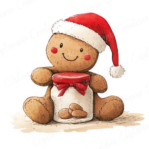 Puede incluir: Ilustraci&oacute;n en acuarela de un hombre de jengibre con un gorro de Pap&aacute; Noel, sosteniendo un tarro de galletas. El hombre de jengibre tiene mejillas rosadas y una cara sonriente. El tarro est&aacute; atado con un lazo rojo y contiene varias galletas.