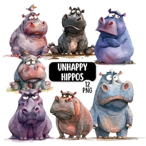 Cute & Funny Unhappy Hippo Clipart Bundle, 12 PNG Transparent Backgrounds, Digital Download, Funny Watercolour Animals, Safari Animal PNG image 1