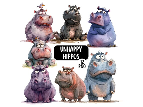 Cute & Funny Unhappy Hippo Clipart Bundle, 12 PNG Transparent Backgrounds, Digital Download, Funny Watercolour Animals, Safari Animal PNG