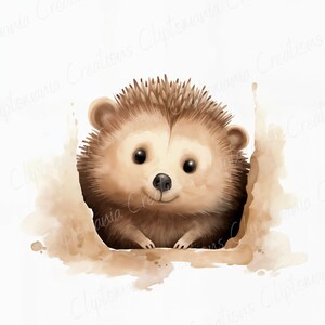 May include: A watercolor illustration of a brown hedgehog peeking out of a hole in the ground. The hedgehog has a cute, smiling face and is surrounded by a light brown watercolor background.