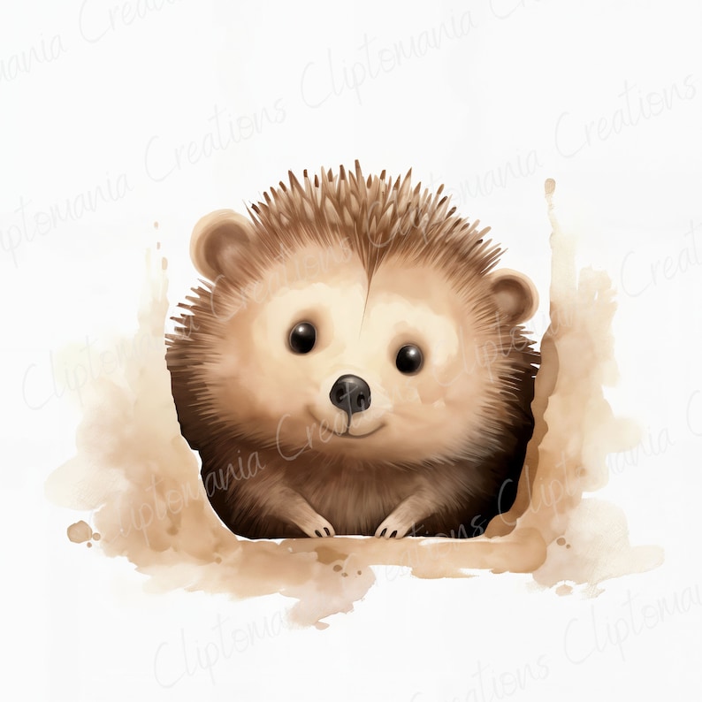 May include: A watercolor illustration of a brown hedgehog peeking out of a hole in the ground. The hedgehog has a cute, smiling face and is surrounded by a light brown watercolor background.