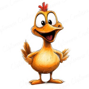 K&ouml;nnte beinhalten: Eine Cartoon-Illustration eines gelben K&uuml;ken mit einem roten Kamm und gro&szlig;en Augen. Das K&uuml;ken steht mit den H&auml;nden in den H&uuml;ften und hat ein breites L&auml;cheln.