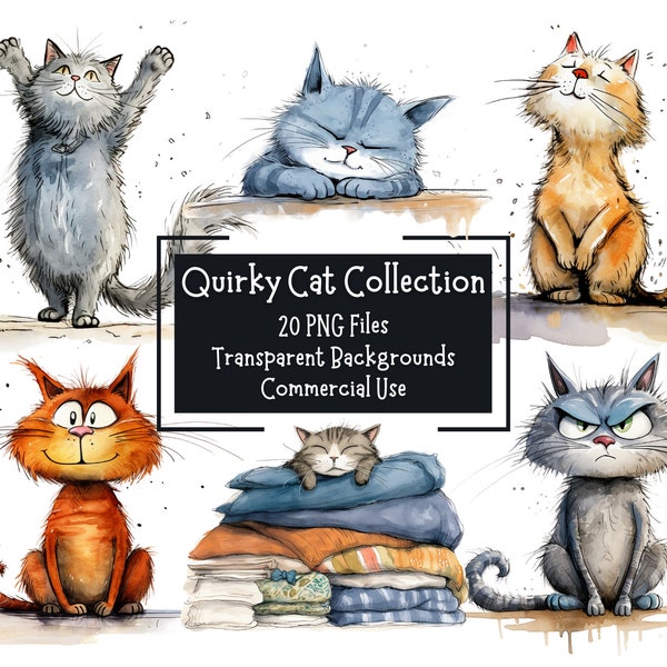 Cute, Funny & Quirky Cat 20 PNG Clipart Bundle | 300DPI Images | Transparent Backgrounds | Commercial Use | Card Making | Paper Crafting