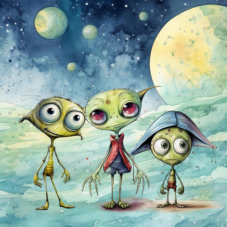 May include: Three cartoon aliens stand on a blue and green planet with a large yellow moon in the background. The aliens are green and yellow with large eyes and are wearing different outfits. The alien on the left is wearing a yellow outfit, the alien in the middle is wearing a red vest and blue shorts, and the alien on the right is wearing a blue hat and a brown outfit.