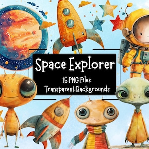 Lindo y extraterrestre, astronauta y nave espacial 15 PNG Clipart Bundle / Clipart infantil / Diseños para hacer tarjetas / Clipart de fiesta de cumpleaños infantil