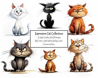Lustige Ausdrucksstarke Katzen Clipart Bundle 16 JPEG-Dateien | Weiße Hintergründe | Kommerzielle Nutzung | Haustier Clipart | Digitales Papiermodell