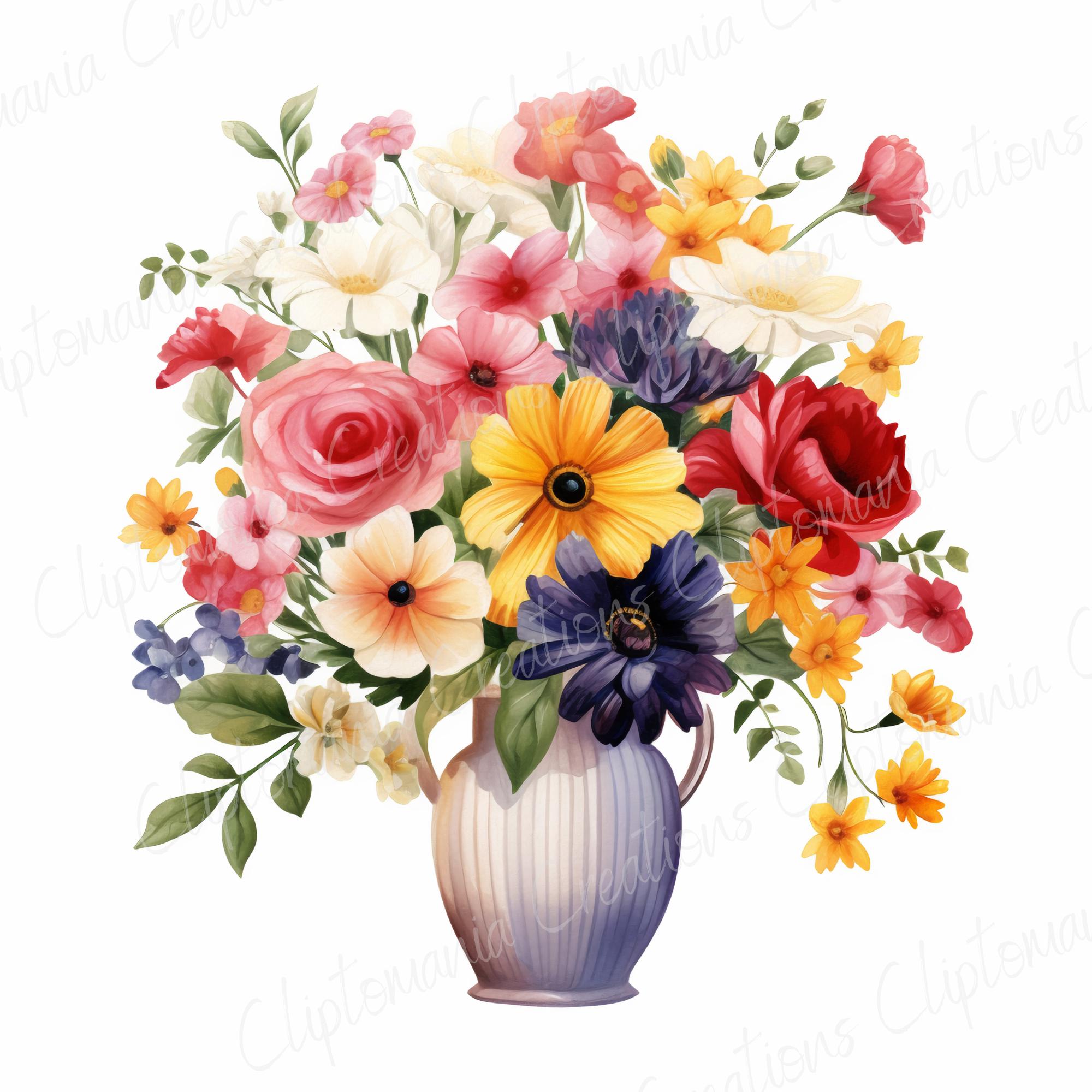 Vase of Flowers Clipart Bundle 12 JPEG Designs | Watercolour Floral Bouquet  | Digital Download | Card Making Designs | Mothers Day Clipart - Etsy, image size:2000x2000