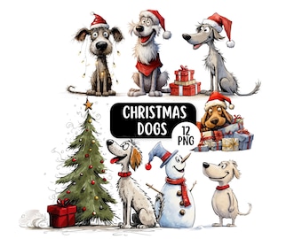 Quirky Christmas Dog Clipart Bundle, 12 Cute & Funny Dog PNG, Transparent Backgrounds, Commercial Use, Festive Graphics, Card Making