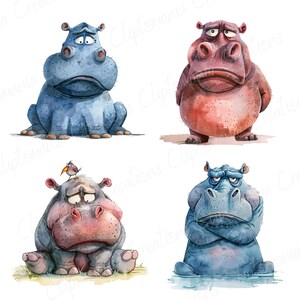 Cute & Funny Unhappy Hippo Clipart Bundle, 12 PNG Transparent Backgrounds, Digital Download, Funny Watercolour Animals, Safari Animal PNG image 5