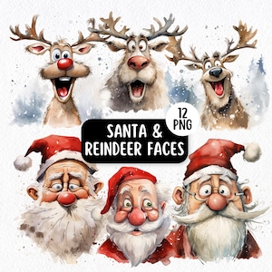 Cute Reindeer And Santa Claus Faces PNG Clipart Bundle, Transparent Backgrounds, Funny Festive Graphics, Commercial Use, Christmas Clipart