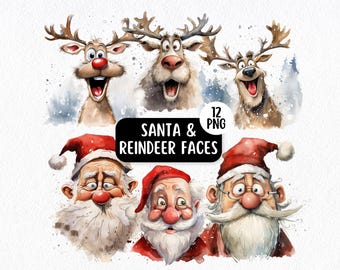 Paquete de imágenes prediseñadas PNG de renos y caras de Papá Noel adorables, fondos transparentes, gráficos festivos divertidos, uso comercial, imágenes prediseñadas navideñas