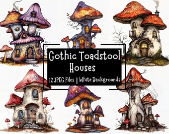 Gothic Watercolour Toadstool Houses Clipart Bundle | 12 JPEG Images | White Backgrounds | Commercial Use | Fairy Mushroom House | Whimsical