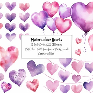 Rose et violet aquarelle coeur Clipart Bundle | 12 fichiers PNG avec arrière-plans transparents | Licence commerciale | Fabrication De Cartes Clipart