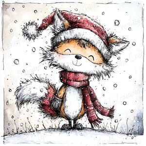 May include: A watercolor illustration of a smiling fox in a red and white winter hat and scarf, standing in the snow. The fox has orange fur, a white chest, and a fluffy white tail. Snowflakes fall around the fox, creating a cozy winter scene.