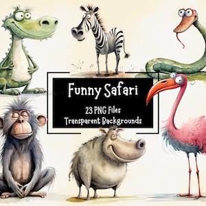 Leuke grappige safaridieren PNG-clipartbundel digitale download Jungle Animal-afbeeldingen transparante achtergronden voor commercieel gebruik van ongewenste tijdschriften