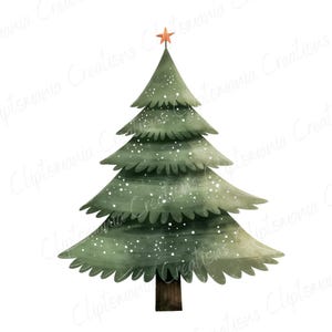 K&ouml;nnte beinhalten: Eine Aquarell-Illustration eines gr&uuml;nen Weihnachtsbaums mit einem roten Stern oben. Der Baum ist mit wei&szlig;en Schneeflocken verziert.
