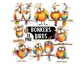 May include: A set of 13 colourful bird illustrations with exaggerated features, perched on branches. The birds have expressive eyes and vibrant plumage. The text "BONKERS BIRDS 13 PNG" is displayed in a black circle.