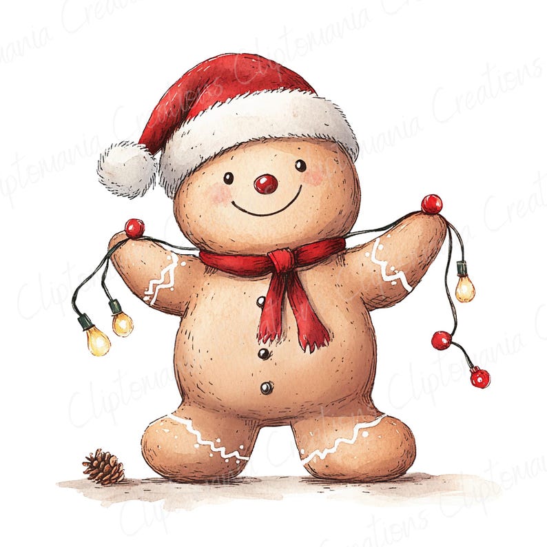 Puede incluir: Ilustraci&oacute;n en acuarela de un hombre de jengibre con un gorro de Pap&aacute; Noel y una bufanda roja, sosteniendo una cadena de luces. El hombre de jengibre tiene una cara sonriente, una nariz roja y glaseado decorativo. Una pi&ntilde;a en la parte inferior izquierda.
