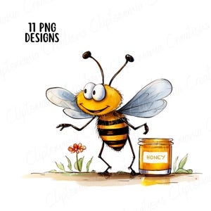 May include: A cartoon bee with large eyes and a smile stands next to a jar of honey. The bee has black and yellow stripes and is holding a flower in its front leg. The jar of honey is labelled "Honey".