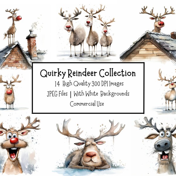 Funny And Cute Reindeer Clipart Bundle | 14 High Quality JPEG Illustrations With Backgrounds | Commercial Use | Junk Journal | Card Making