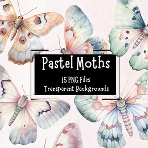 Pastell Motte PNG Clipart Grafiken | Bündel von 15 Aquarell Boho Motten | Druckbares Junk Journal | Motte Digitale Aufkleber | Frühling Clipart