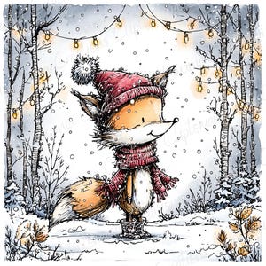 May include: A whimsical illustration of a fox in a winter scene. The fox is wearing a red knit hat, scarf, and boots. Snow falls around the fox, and a string of lights hangs in the background. The fox has orange fur and a white face.