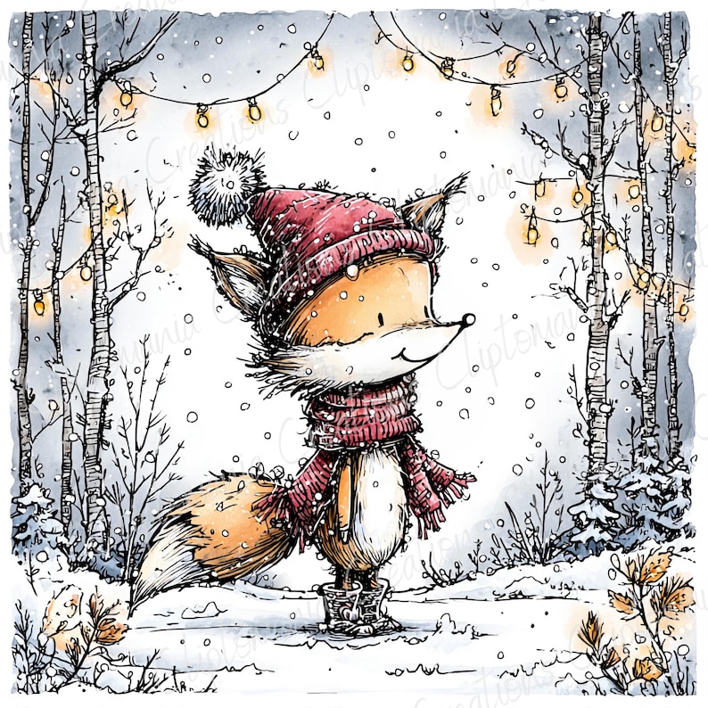 May include: A whimsical illustration of a fox in a winter scene. The fox is wearing a red knit hat, scarf, and boots. Snow falls around the fox, and a string of lights hangs in the background. The fox has orange fur and a white face.