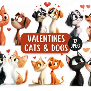 Cute Valentines Cat And Dog JPEG Clipart Bundle | Cartoon Pet Clipart | Cat And Dog Couple | Commercial Use | Digital Download | Card Making