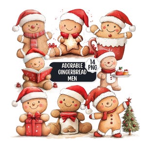 Puede incluir: Ilustraciones en acuarela de adorables hombres de jengibre con gorros y bufandas de Pap&aacute; Noel. Algunos sostienen regalos, una estrella, un libro, una bandeja de golosinas, un tarro de caramelos y un &aacute;rbol de Navidad. La imagen incluye el texto "ADORABLE GINGERBREAD MEN 14 PNG".