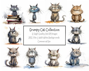 Funny Grumpy Cat Clipart Bundle | 12 High Quality 300DPI Images | Commercial Use | Digital Download | Junk Journal | Paper Craft