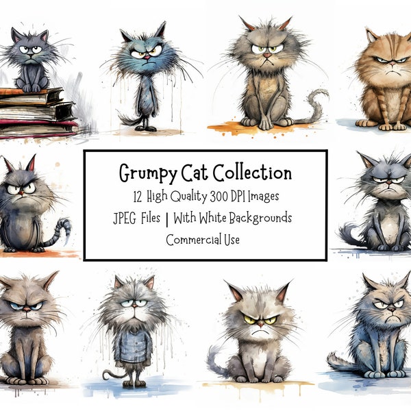 Funny Grumpy Cat Clipart Bundle | 12 High Quality 300DPI Images | Commercial Use | Digital Download | Junk Journal | Paper Craft