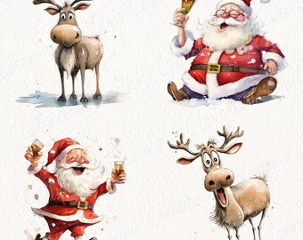 38 かわいい＆面白いクリスマスサンタとトナカイのPNGバンドル、水彩
