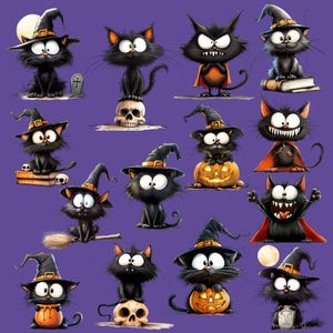 May include: A collection of cartoon black cats with witch hats, pumpkins, and skulls on a purple background. Some cats are sitting, standing, or holding objects. The cats have exaggerated features and are designed in a cartoon style.