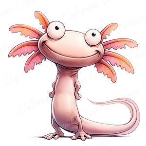 May include: A cartoon illustration of a smiling axolotl. The axolotl is a light pink colour with large, round eyes and feathery gills in shades of pink and orange. It is standing upright with its arms crossed and a long, curved tail.