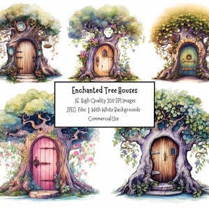 Magical Tree Houses Clipart Bundle | 16 JPEG Images With Backgrounds | Commercial Use | Digital Download | Junk Journal | Fairy House Doors