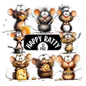May include: A digital illustration featuring cartoon mice in various poses. Some mice hold cheese, cookies, and pasta. One mouse wears a chef's hat. The image includes the text "HAPPY RATTY 12 PNG" on a black background.