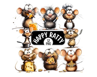 12 Cute Rat PNG Clip Art Bundle, Watercolour Clipart Junk Journal, Scrapbook, Card Making, Digital Download, Fantasy, Funny Whimsical Rat