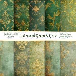 Distressed Green & Gold Digital Paper Pack | 20 High Quality 300 DPI Printable Scrapbook Papers | Digital Junk Journal | Damask Patterns