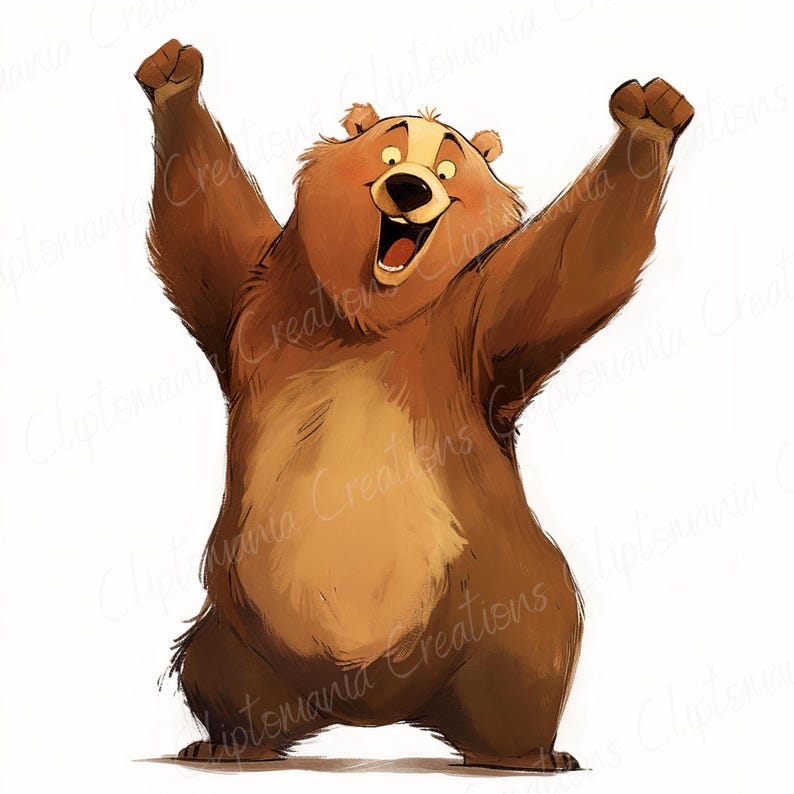 Pu&ograve; includere: Un orso marrone in piedi sulle zampe posteriori con le braccia alzate in aria. L'orso ha la bocca aperta e un'espressione felice sul viso.