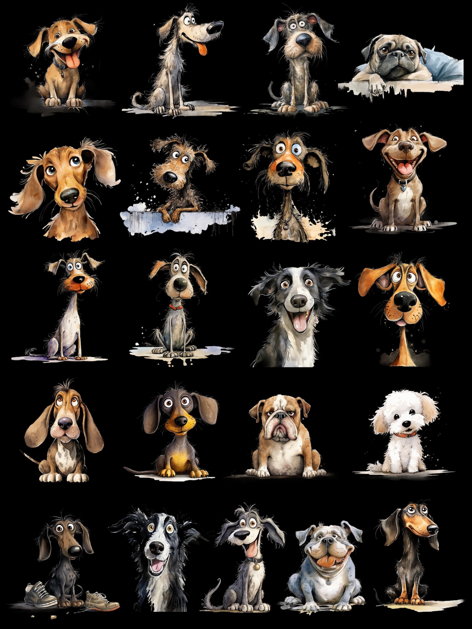 Cute and Funny Watercolour Dog PNG Clipart Bundle, Quirky Dog Breed ...