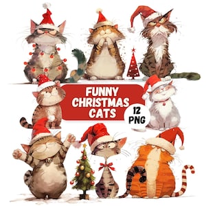 Cute Christmas Cat PNG Clipart Bundle, Transparent Backgrounds, Funny Festive Cats, Quirky Cat Clipart, Christmas Card Making Designs